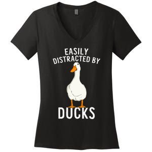 Easily Distracted By Ducks Funny Duck Lover Women's V-Neck T-Shirt