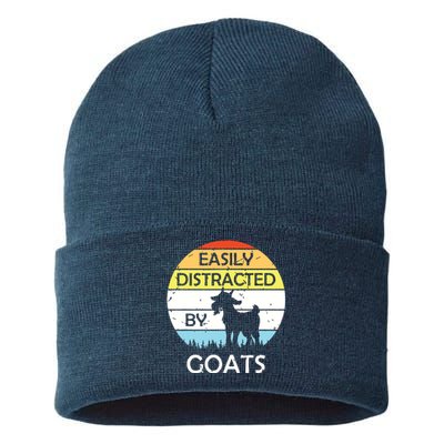 Easily Distracted By Goats Retro Vintage Funny Goat Lover Sustainable Knit Beanie