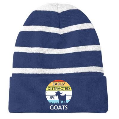 Easily Distracted By Goats Retro Vintage Funny Goat Lover Striped Beanie with Solid Band