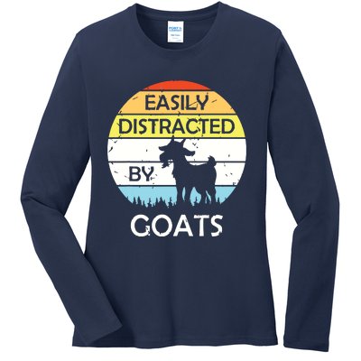 Easily Distracted By Goats Retro Vintage Funny Goat Lover Ladies Long Sleeve Shirt