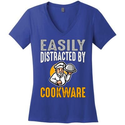 Easily Distracted By Cookware Funny Chef And Cook Gift Women's V-Neck T-Shirt