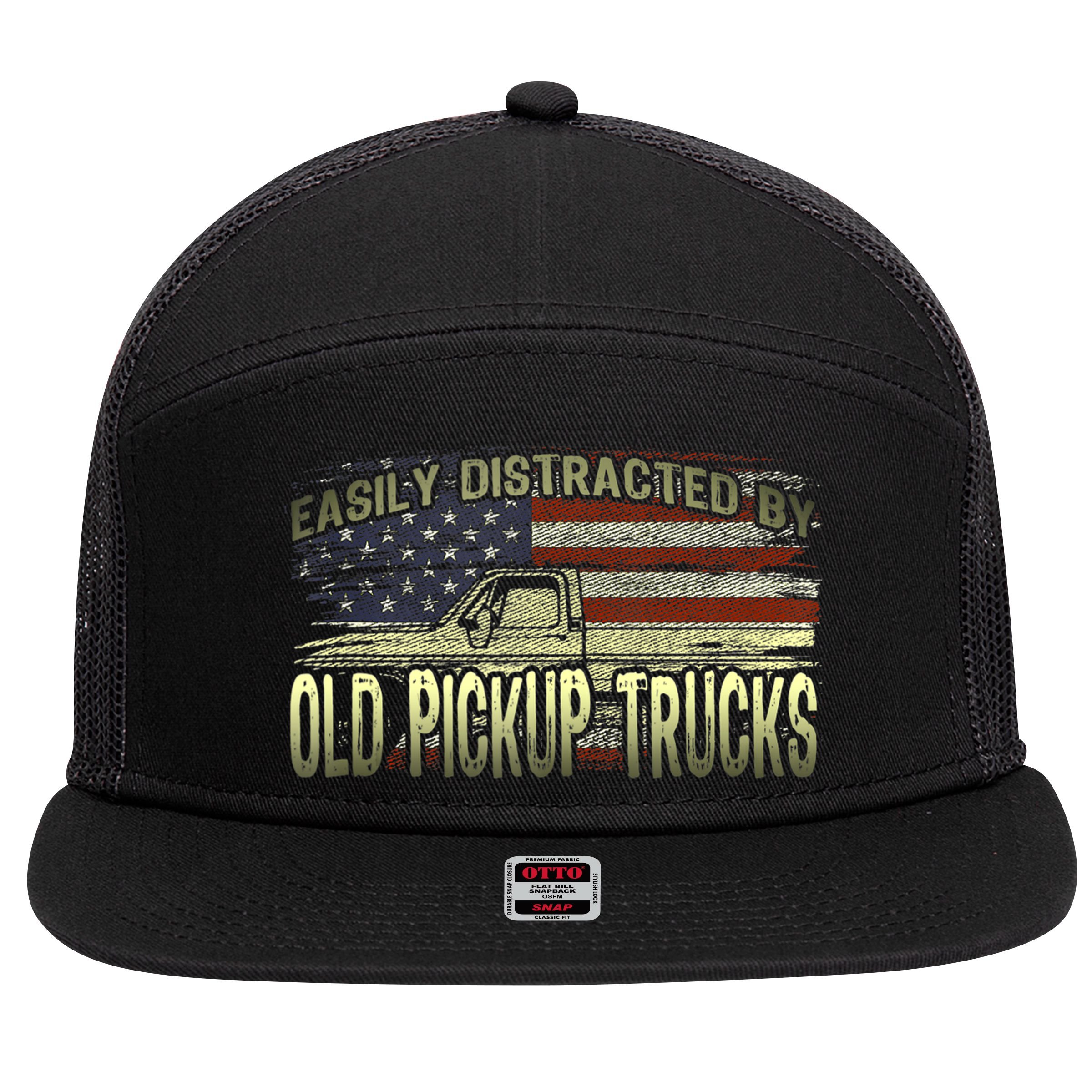 Easily Distracted By Old Pickup Trucks American Flag Truck 7 Panel Mesh Trucker Snapback Hat