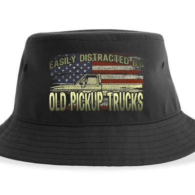 Easily Distracted By Old Pickup Trucks American Flag Truck Sustainable Bucket Hat