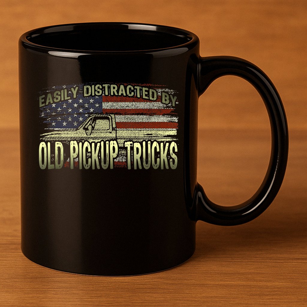 Easily Distracted By Old Pickup Trucks American Flag Truck 11oz C Handle Ceramic Mug