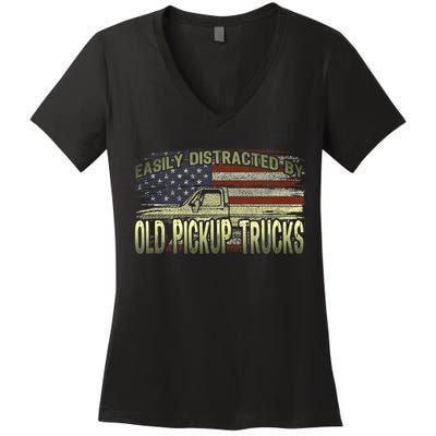 Easily Distracted By Old Pickup Trucks American Flag Truck Women's V-Neck T-Shirt
