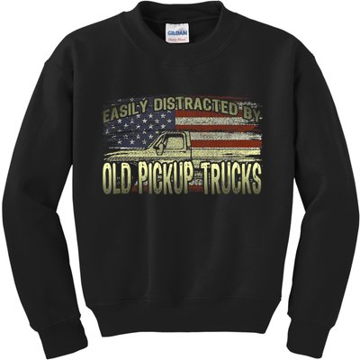 Easily Distracted By Old Pickup Trucks American Flag Truck Kids Sweatshirt