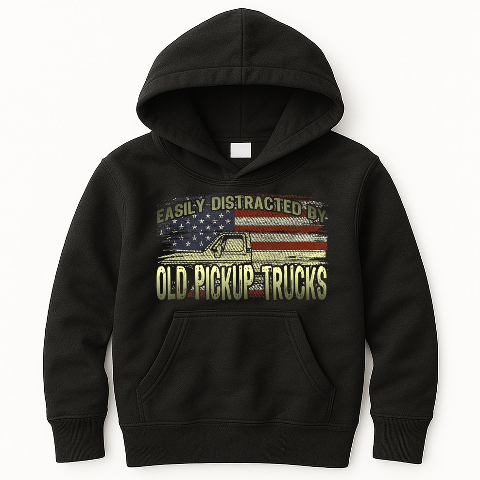 Easily Distracted By Old Pickup Trucks American Flag Truck Kids Hoodie