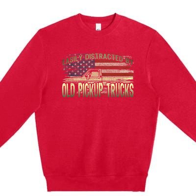 Easily Distracted By Old Pickup Trucks American Flag Truck Premium Crewneck Sweatshirt