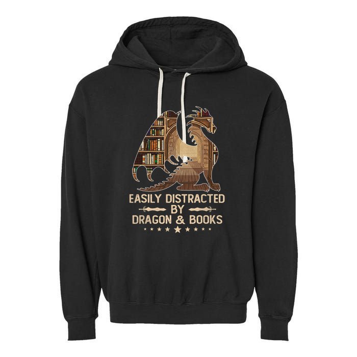 Easily Distracted By Dragons And Books Garment-Dyed Fleece Hoodie
