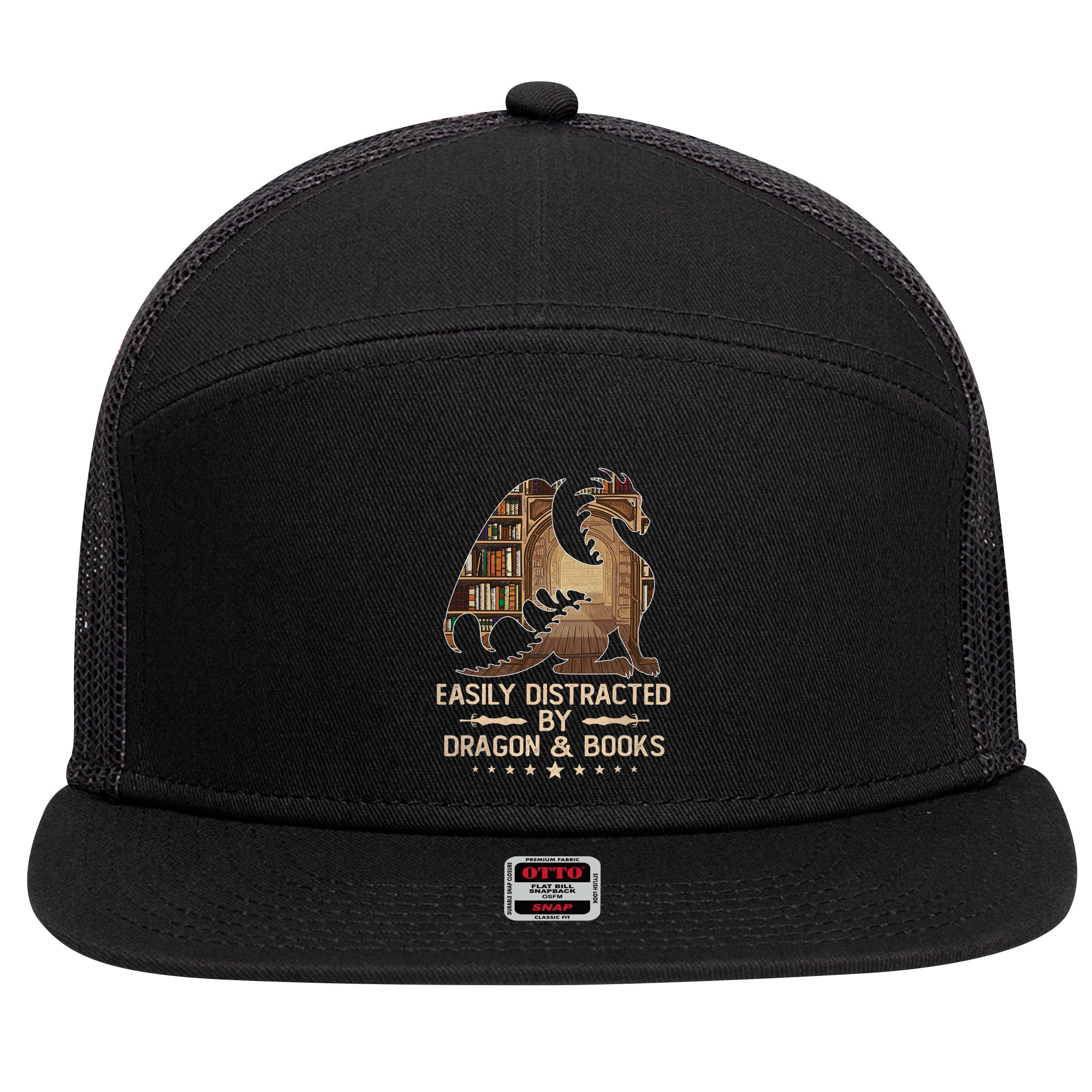 Easily Distracted By Dragons And Books 7 Panel Mesh Trucker Snapback Hat