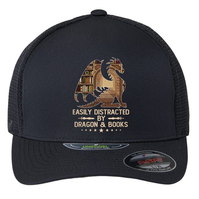 Easily Distracted By Dragons And Books Flexfit Unipanel Trucker Cap