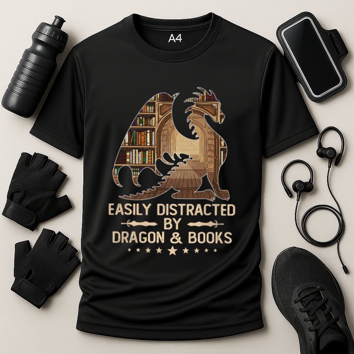 Easily Distracted By Dragons And Books Performance Shirt