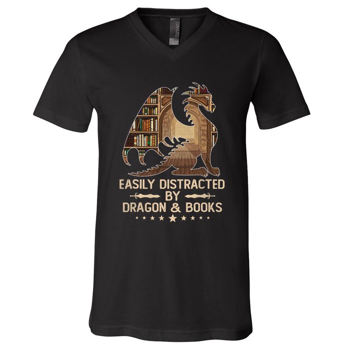 Easily Distracted By Dragons And Books V-Neck T-Shirt