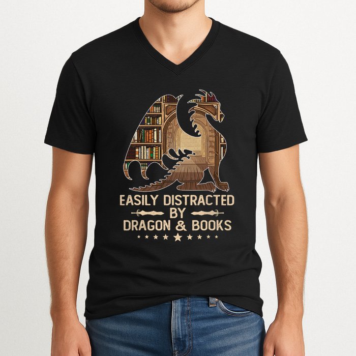 Easily Distracted By Dragons And Books V-Neck T-Shirt
