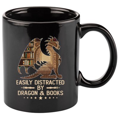 Easily Distracted By Dragons And Books 11oz C Handle Ceramic Mug