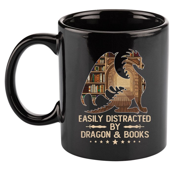 Easily Distracted By Dragons And Books 11oz C Handle Ceramic Mug