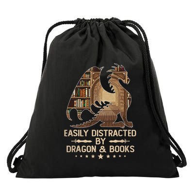 Easily Distracted By Dragons And Books Drawstring Bag