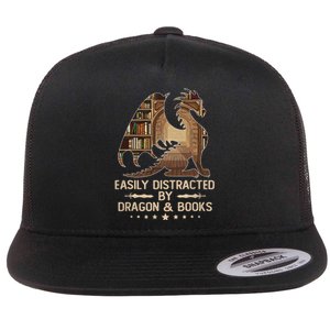 Easily Distracted By Dragons And Books Flat Bill Trucker Hat