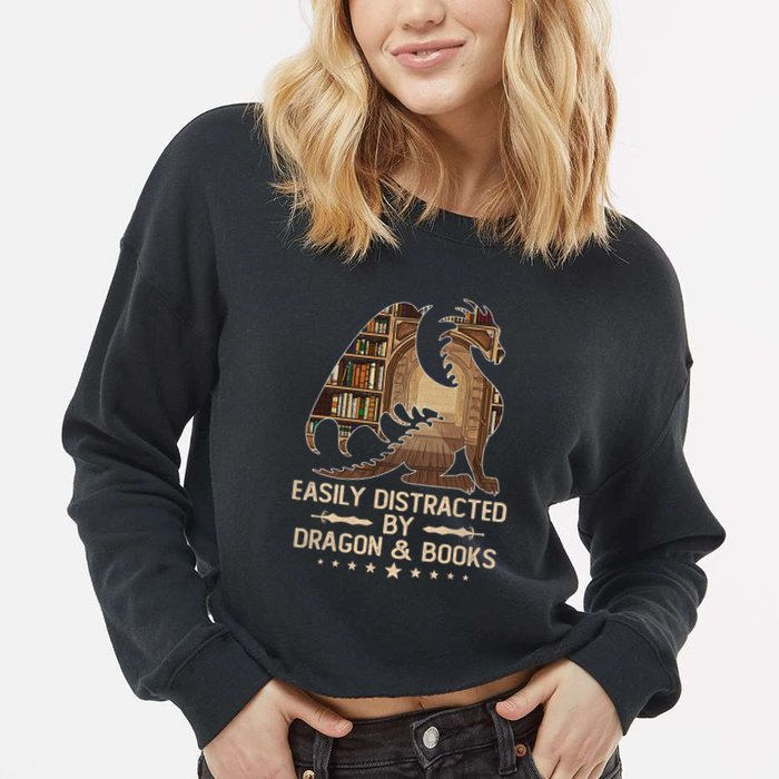 Easily Distracted By Dragons And Books Cropped Pullover Crew