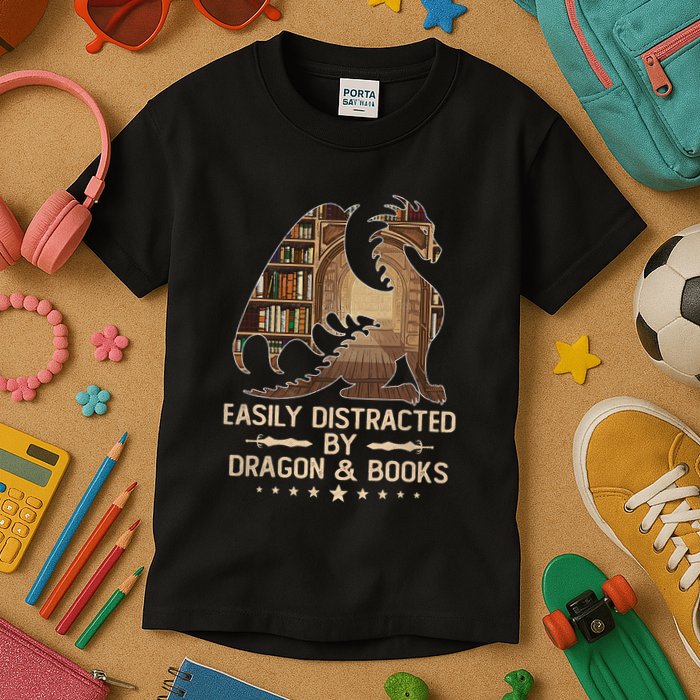 Easily Distracted By Dragons And Books Kids T-Shirt