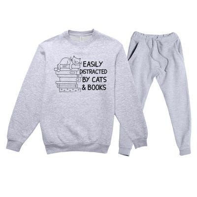 Easily Distracted By Cats And Books Funny Cat Premium Crewneck Sweatsuit Set