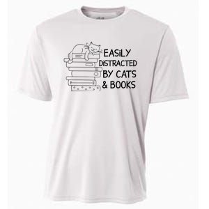 Easily Distracted By Cats And Books Funny Cat Cooling Performance Crew T-Shirt