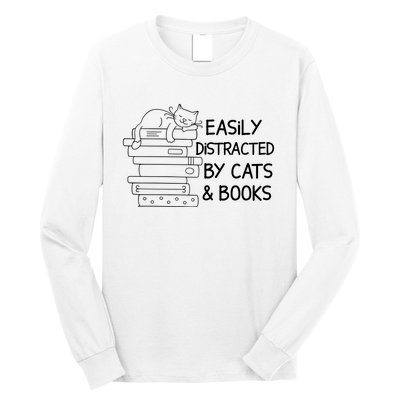 Easily Distracted By Cats And Books Funny Cat Long Sleeve Shirt