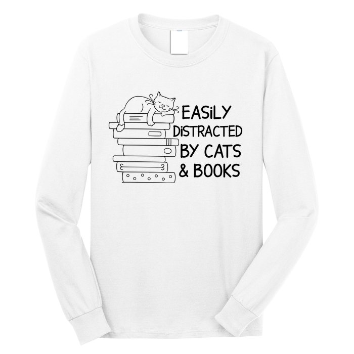 Easily Distracted By Cats And Books Funny Cat Long Sleeve Shirt