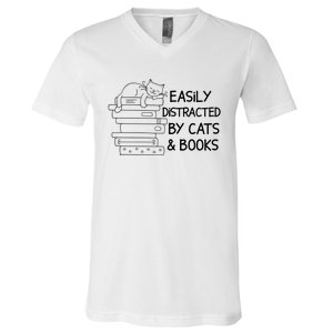 Easily Distracted By Cats And Books Funny Cat V-Neck T-Shirt