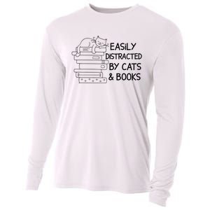 Easily Distracted By Cats And Books Funny Cat Cooling Performance Long Sleeve Crew