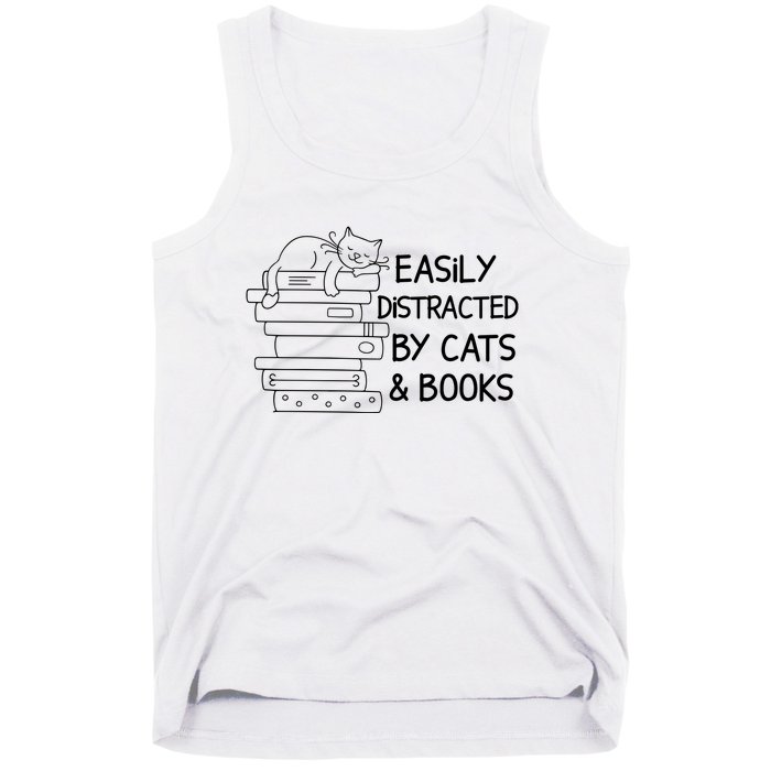 Easily Distracted By Cats And Books Funny Cat Tank Top