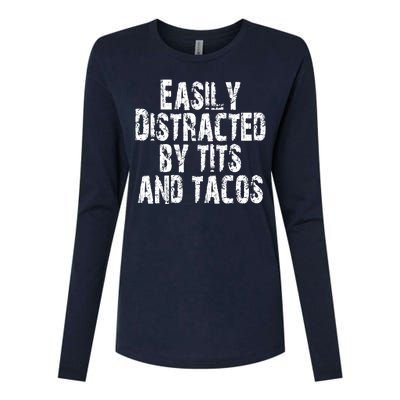 Easily Distracted By Tits And Tacos Funny Vintage Womens Cotton Relaxed Long Sleeve T-Shirt