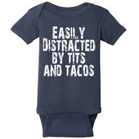 Easily Distracted By Tits And Tacos Funny Vintage Baby Bodysuit