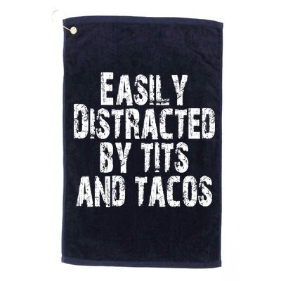 Easily Distracted By Tits And Tacos Funny Vintage Golf Towel