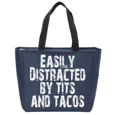 Easily Distracted By Tits And Tacos Funny Vintage Zip Tote Bag