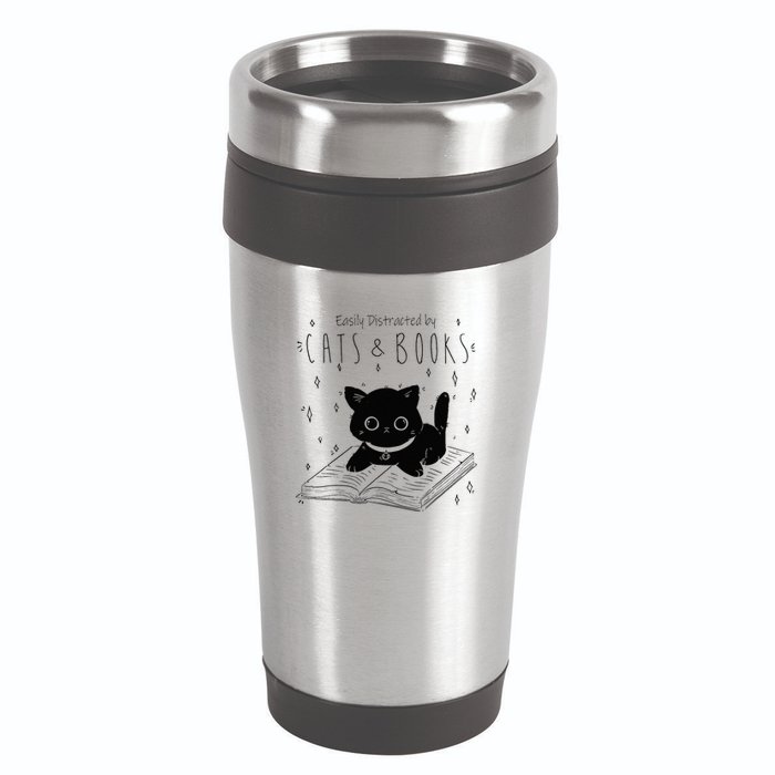 Easily Distracted By Cats And Books Funny Cat & Book Lover 16oz Travel Tumbler
