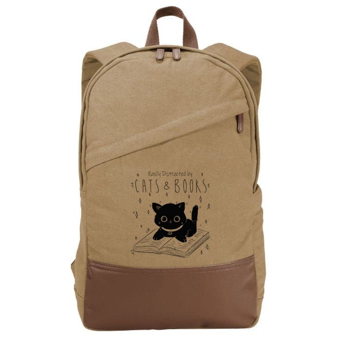 Easily Distracted By Cats And Books Funny Cat & Book Lover Cotton Canvas Backpack