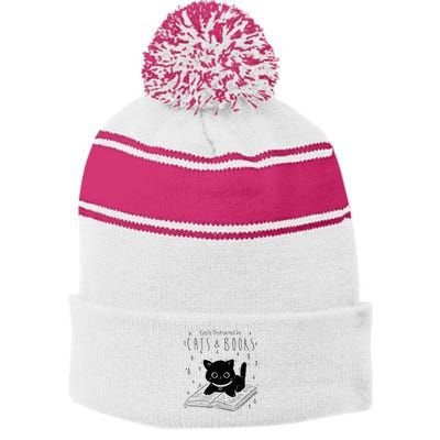 Easily Distracted By Cats And Books Funny Cat & Book Lover Stripe Pom Pom Beanie