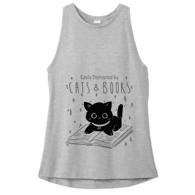 Easily Distracted By Cats And Books Funny Cat & Book Lover Ladies PosiCharge Tri-Blend Wicking Tank
