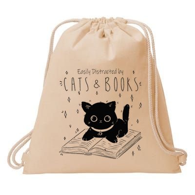 Easily Distracted By Cats And Books Funny Cat & Book Lover Drawstring Bag