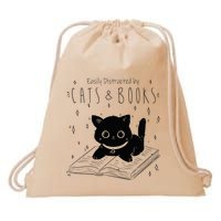 Easily Distracted By Cats And Books Funny Cat & Book Lover Drawstring Bag