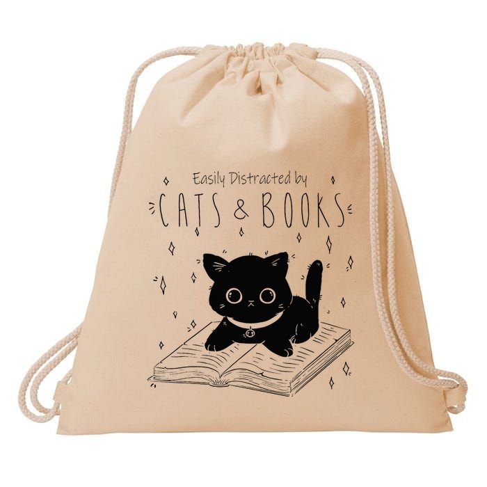 Easily Distracted By Cats And Books Funny Cat & Book Lover Drawstring Bag