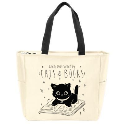 Easily Distracted By Cats And Books Funny Cat & Book Lover Zip Tote Bag