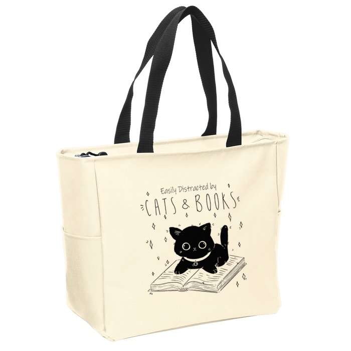 Easily Distracted By Cats And Books Funny Cat & Book Lover Zip Tote Bag