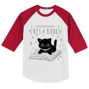 Easily Distracted By Cats And Books Funny Cat & Book Lover Kids Colorblock Raglan Jersey