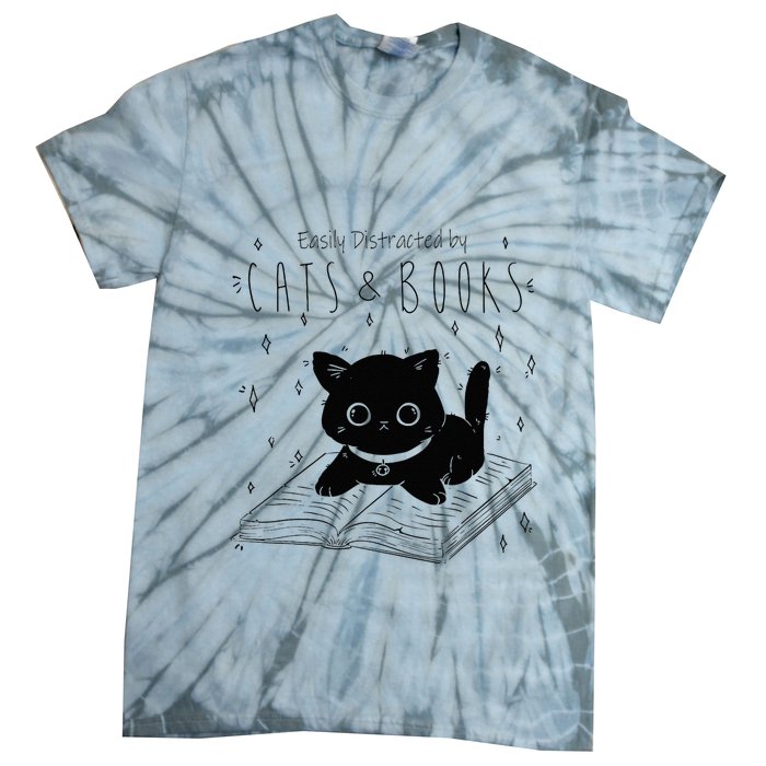 Easily Distracted By Cats And Books Funny Cat & Book Lover Tie-Dye T-Shirt