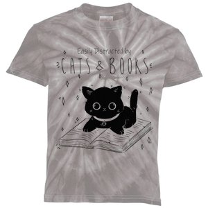 Easily Distracted By Cats And Books Funny Cat & Book Lover Kids Tie-Dye T-Shirt