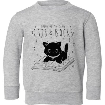 Easily Distracted By Cats And Books Funny Cat & Book Lover Toddler Sweatshirt