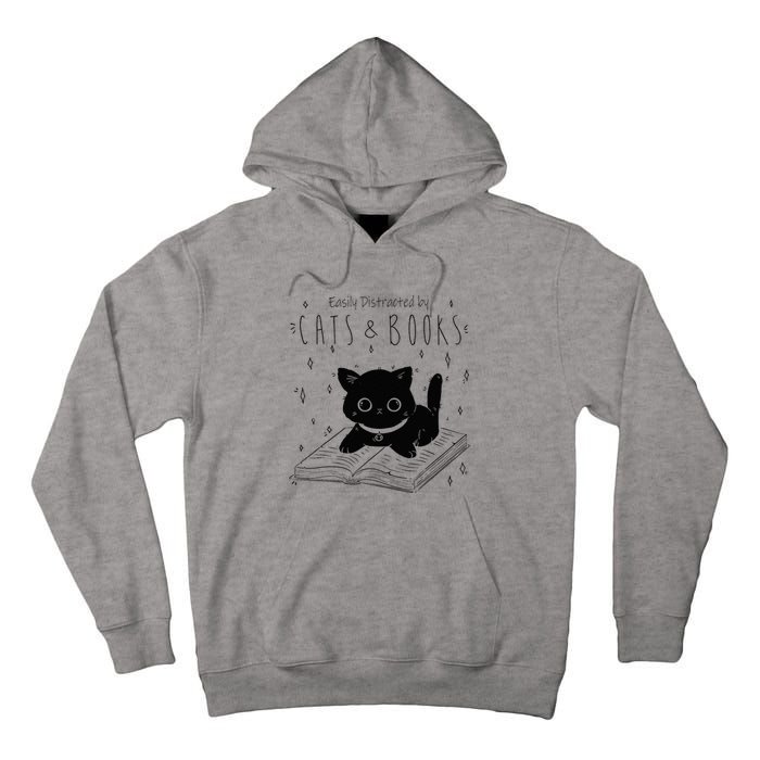 Easily Distracted By Cats And Books Funny Cat & Book Lover Tall Hoodie