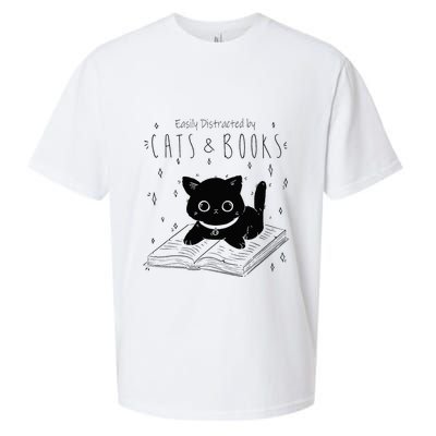 Easily Distracted By Cats And Books Funny Cat & Book Lover Sueded Cloud Jersey T-Shirt